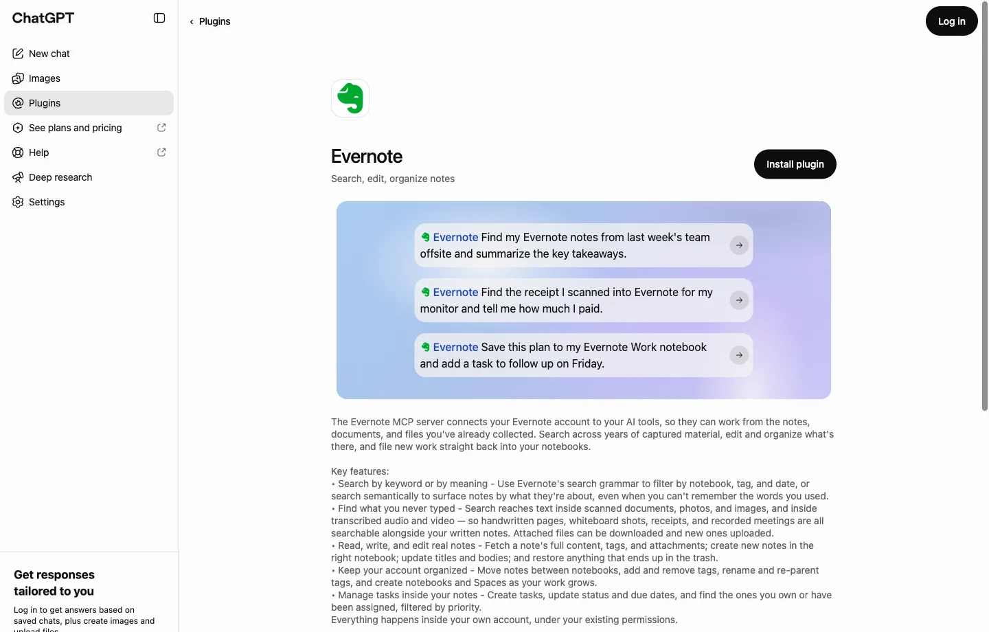 Evernote's listing in ChatGPT's plugin directory. The page is titled Evernote, with the tagline Search, edit, organize notes and an Install plugin button. Three example prompts read: Find my Evernote notes from last week's team offsite and summarize the key takeaways; Find the receipt I scanned into Evernote for my monitor and tell me how much I paid; and Save this plan to my Evernote Work notebook and add a task to follow up on Friday. Below them, a description lists keyword and meaning search, search inside scanned documents and transcribed audio, reading and editing notes, organizing notebooks and tags, and managing tasks.