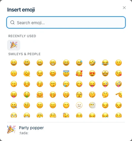 Harbor's Insert emoji picker with a search box, a Recently used row holding a party popper, and a grid of Smileys and People, with the name Party popper and the shortcode :tada: shown at the bottom