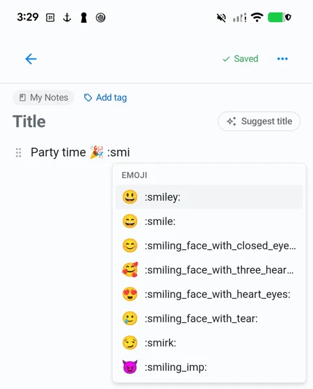 Harbor on Android with 'Party time π :smi' typed and a list of emoji suggestions below it, starting with :smiley: and :smile: