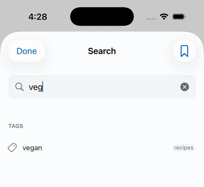 Harbor's search on iPhone with 'veg' typed, showing a Tags section with the vegan tag and its parent tag, recipes