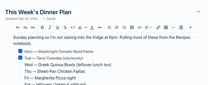 A dinner-plan note in Harbor with a blue #dessert tag chip in the middle of a sentence about the grocery run