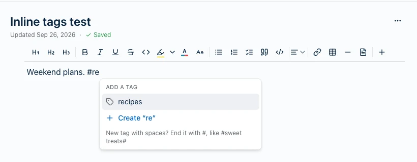 A Harbor note reading 'Weekend plans. #re' with an Add a tag list open below it, showing the recipes tag, a Create re option, and a hint about ending a new tag with spaces with a #