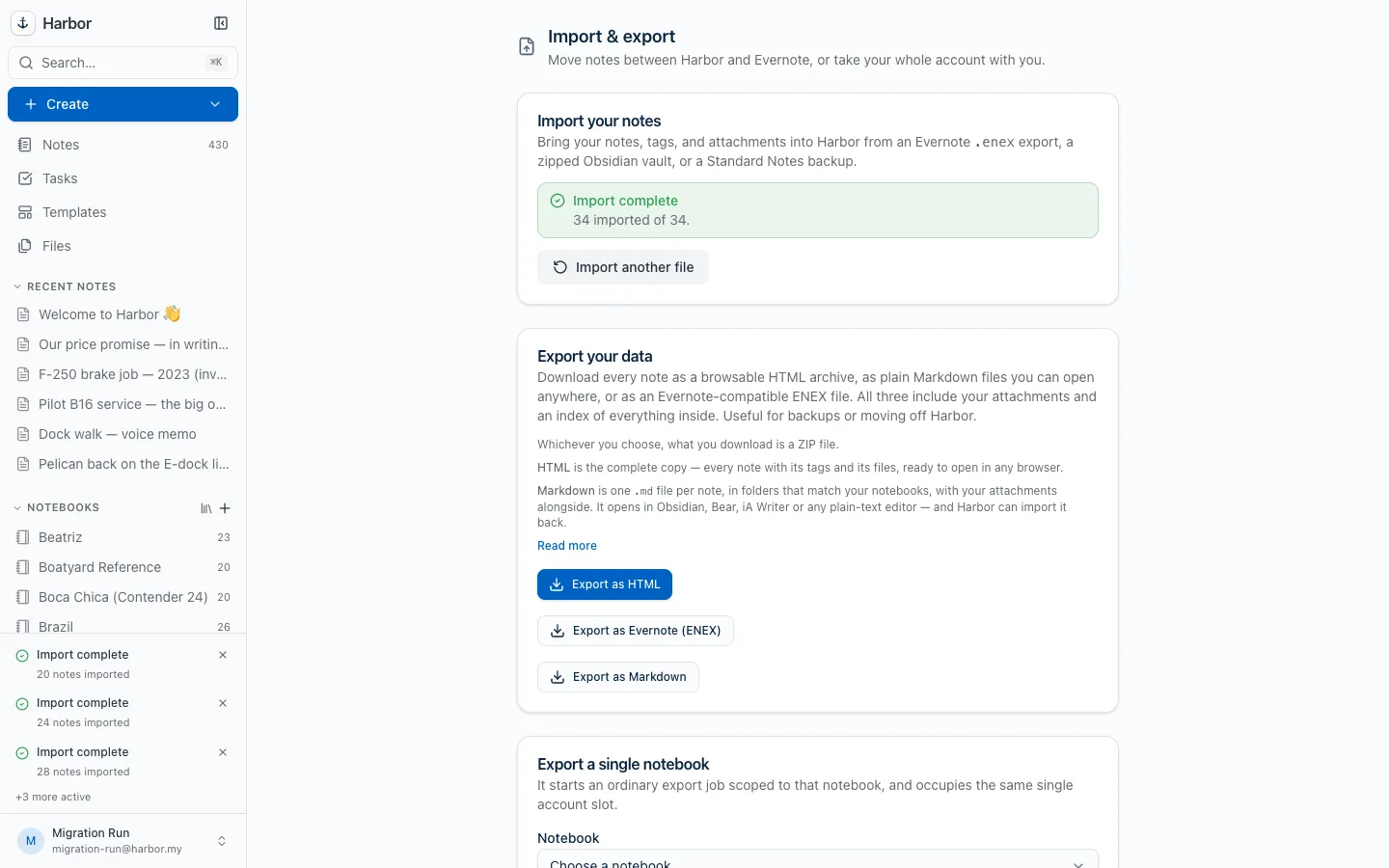 Harbor’s import screen partway through the migration: the note counter has reached 430, three notebooks have finished importing, and three more are still active.