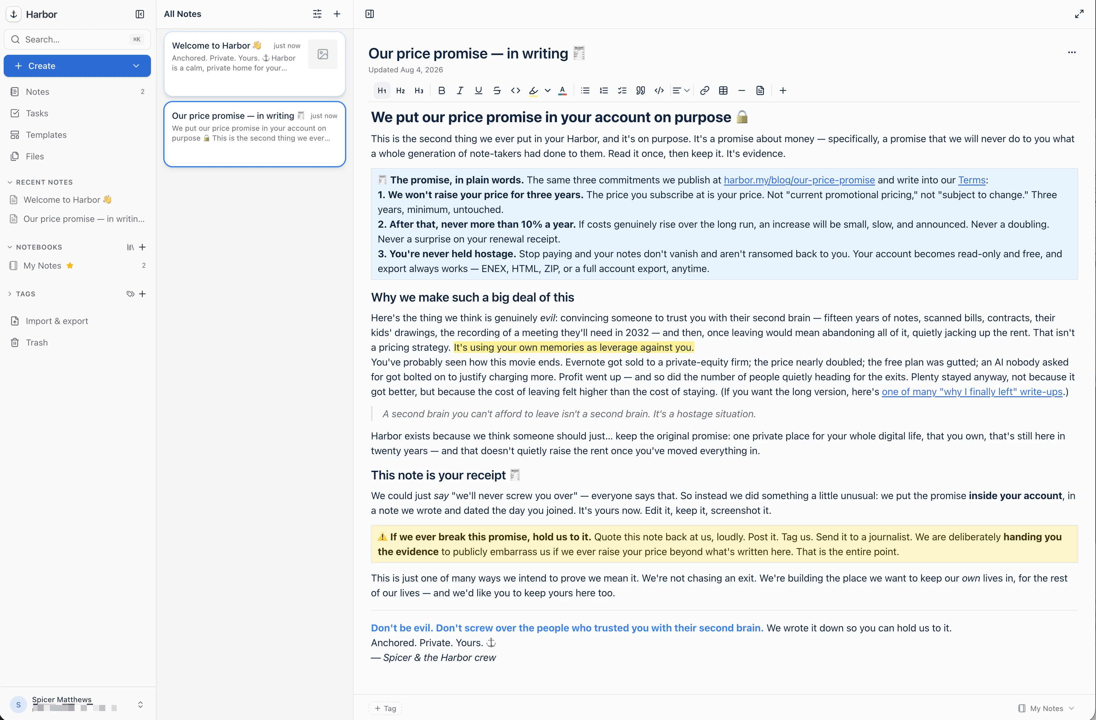 A brand-new Harbor account in the web app, holding two notes: “Welcome to Harbor” and “Our price promise — in writing,” which is open and shows the three commitments — no price increase for three years, then never more than 10% a year, and never held hostage.