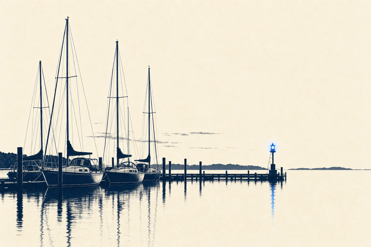 A quiet marina at dusk — calm water, moored boats, one blue harbor light