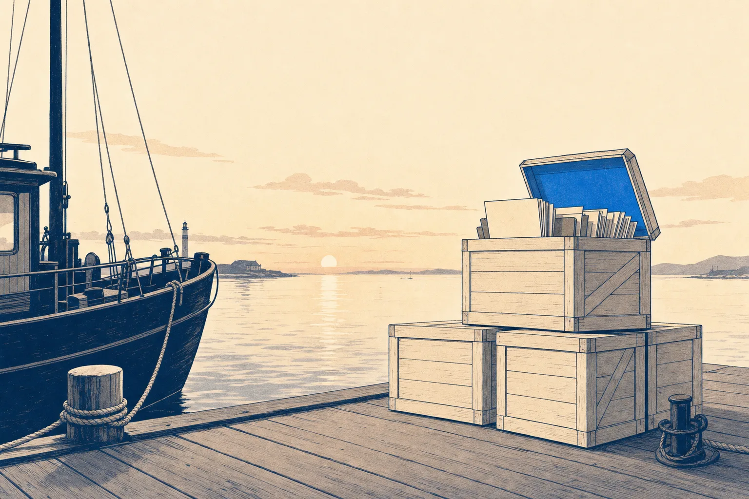 Moving crates on a dock beside a navy boat — everything packed, nothing left behind