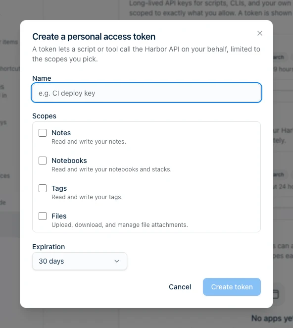 Creating a personal access token in Harbor&rsquo;s developer settings