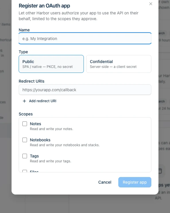 Registering an OAuth app in Harbor