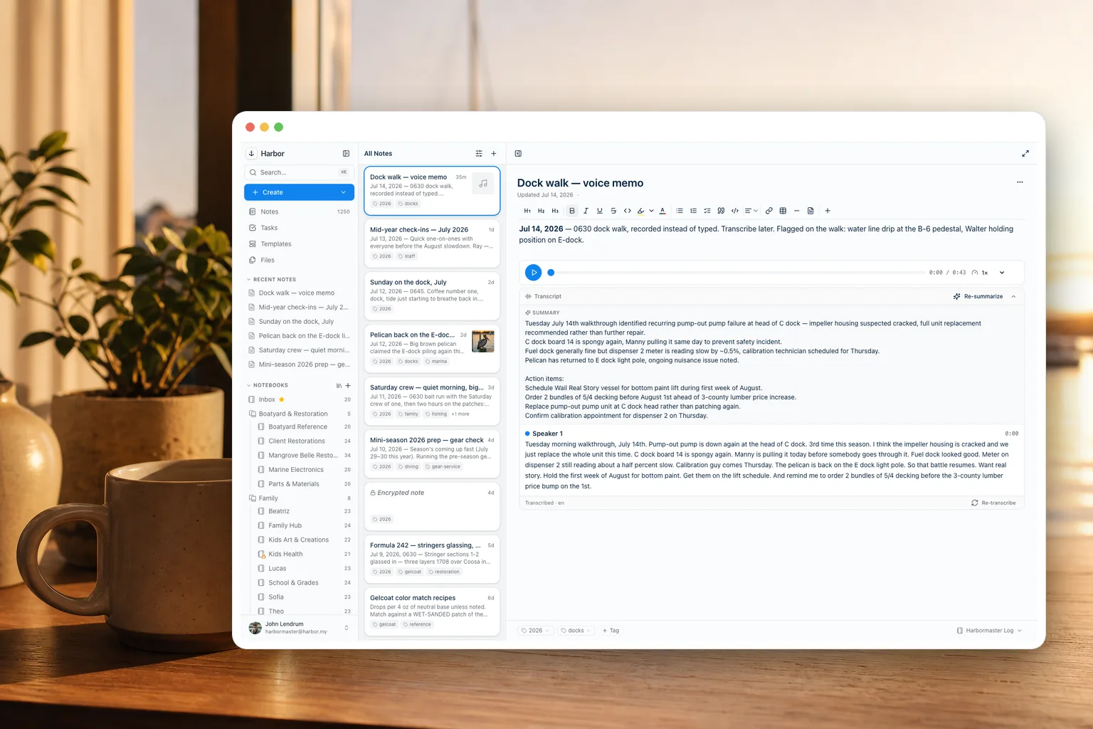 The Harbor app — notebooks, notes, and search in a clean three-pane layout