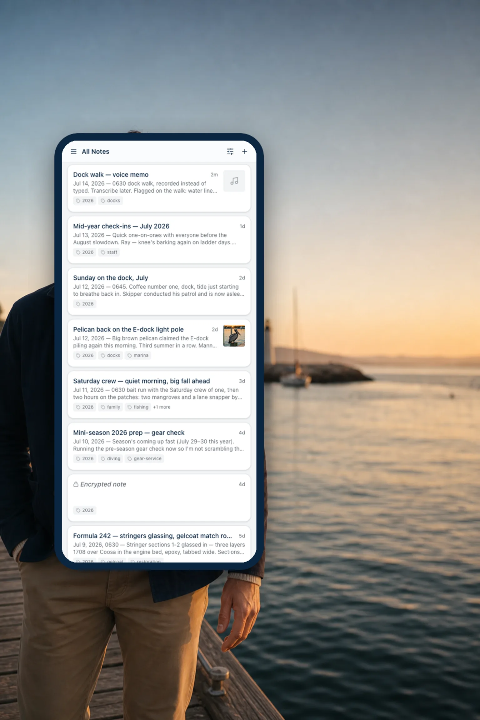 Harbor on a phone at the coast, working offline