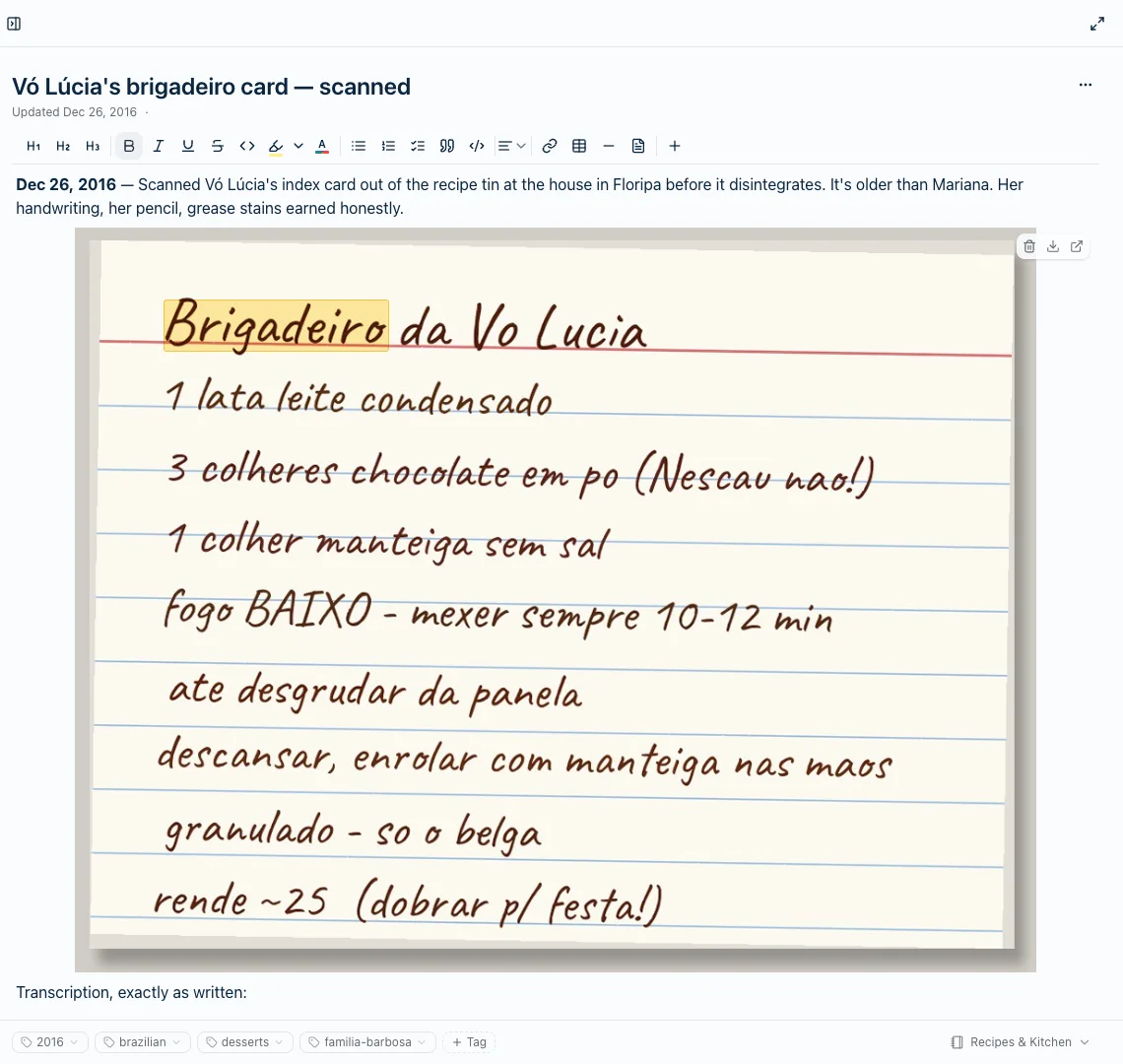 A handwritten recipe card photographed into Harbor, with the search term highlighted in yellow on the handwriting