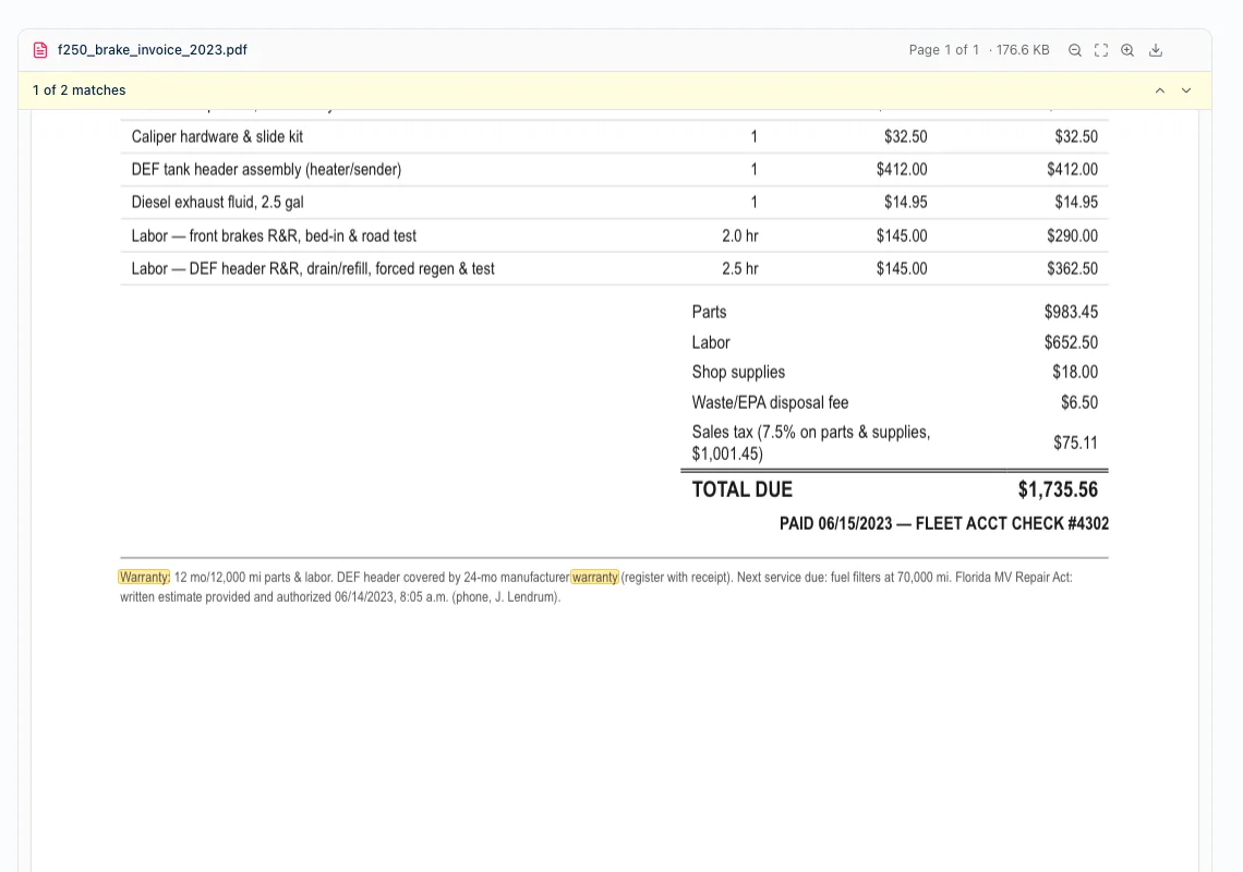 A search for 'warranty' highlighted in yellow directly on a scanned repair invoice PDF in Harbor