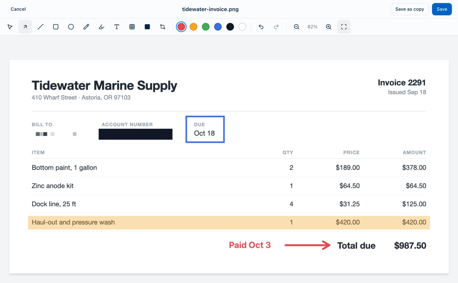 Harbor's annotation editor with an invoice open. An account number is covered by a black block, a name is pixelated, the due date has a blue box around it, one line is highlighted, and a red arrow and the words Paid Oct 3 point at the total.