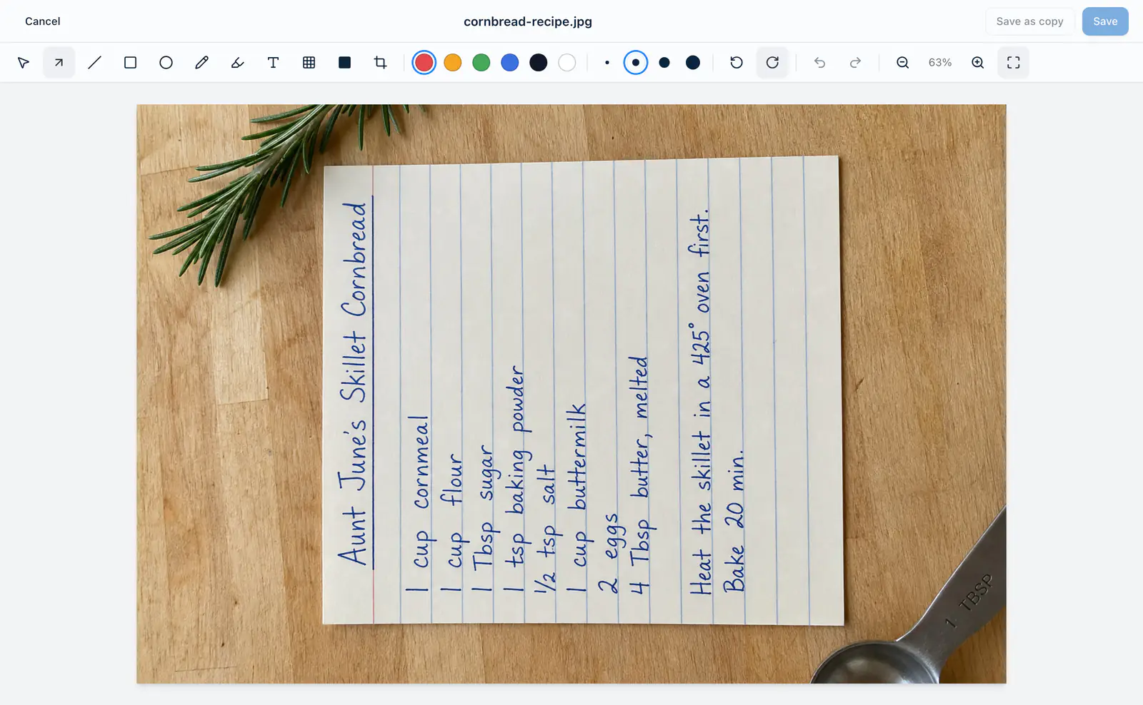 Harbor's annotation editor with a photo of a handwritten cornbread recipe card lying on its side. In the toolbar, after the colors and the four size dots, are two round-arrow buttons, Rotate left and Rotate right. Rotate right is highlighted.