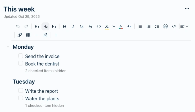 The same note with Hide checked items on. Monday shows Send the invoice and Book the dentist, then a gray line reading 2 checked items hidden. Tuesday shows Write the report and Water the plants, then 1 checked item hidden.