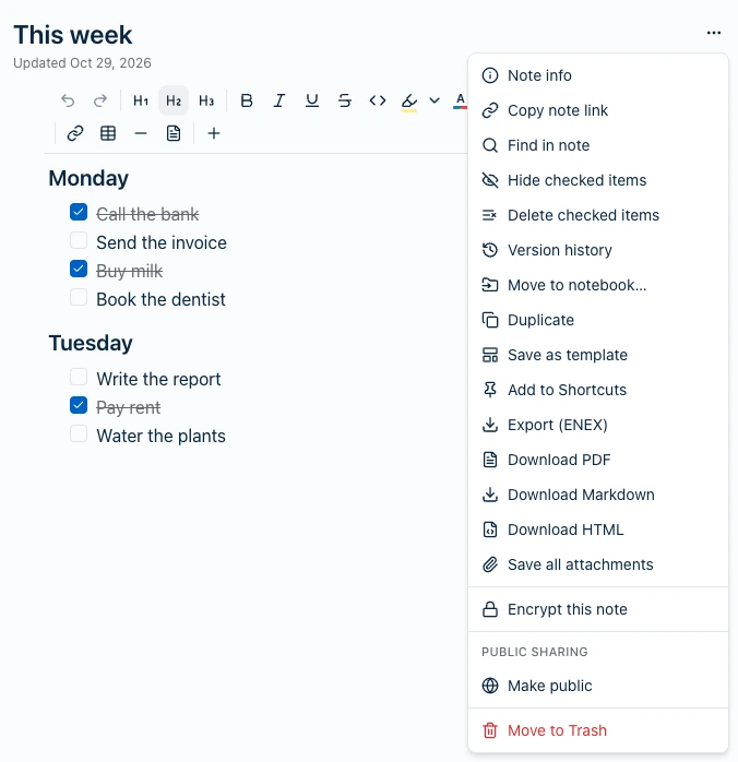 A note called This week with two checklists, Monday and Tuesday, some items ticked and struck through. The note's ⋯ menu is open, and Hide checked items and Delete checked items sit right under Find in note.