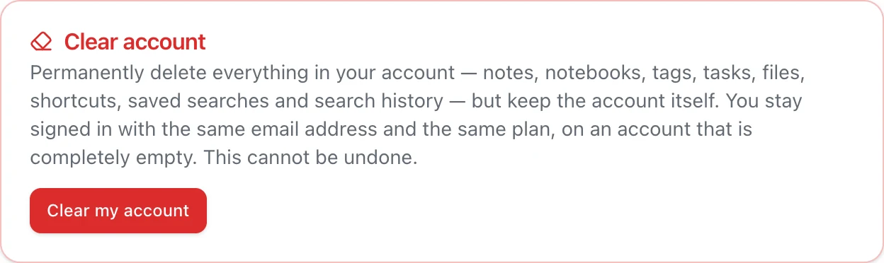 The Clear account card in Harbor's account settings, explaining that everything in the account is deleted but the account itself is kept, with a Clear my account button.