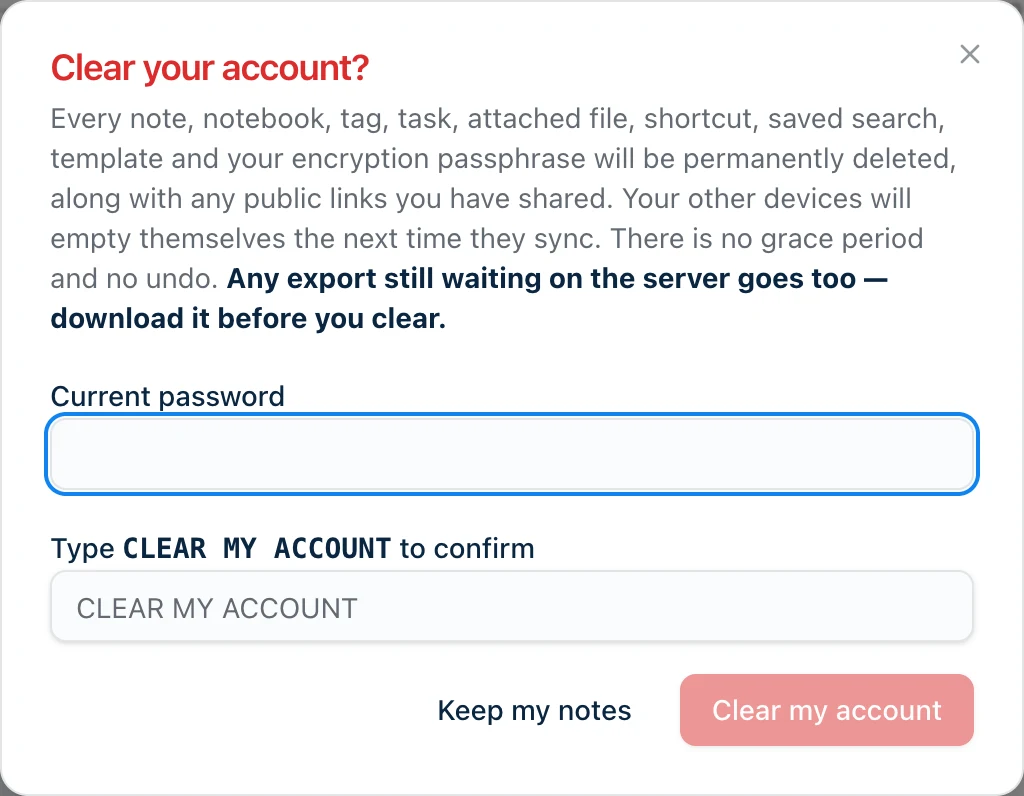 Harbor's clear confirmation dialog, asking for the current password and for the phrase CLEAR MY ACCOUNT to be typed, with Keep my notes and Clear my account buttons.