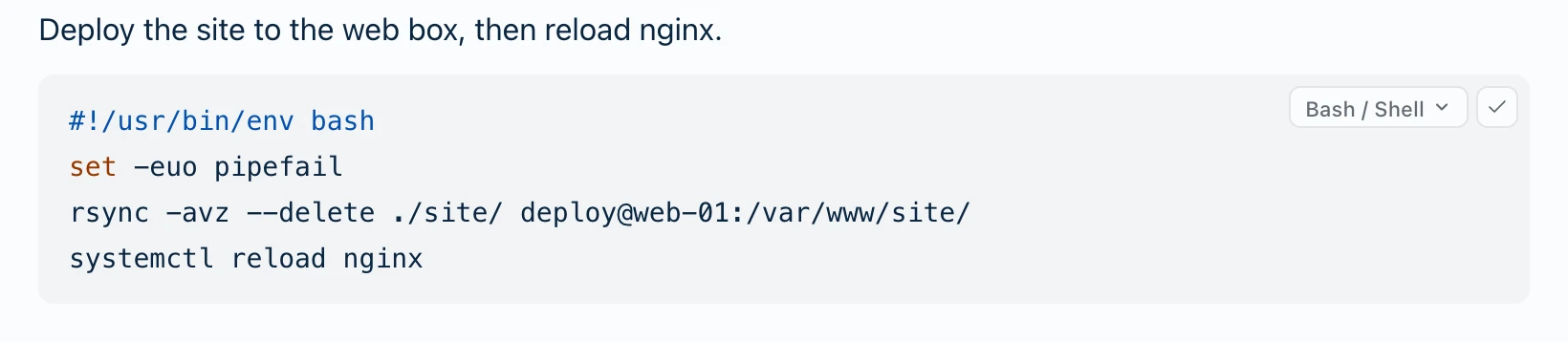 The same code block just after copying, with the copy icon turned into a check mark