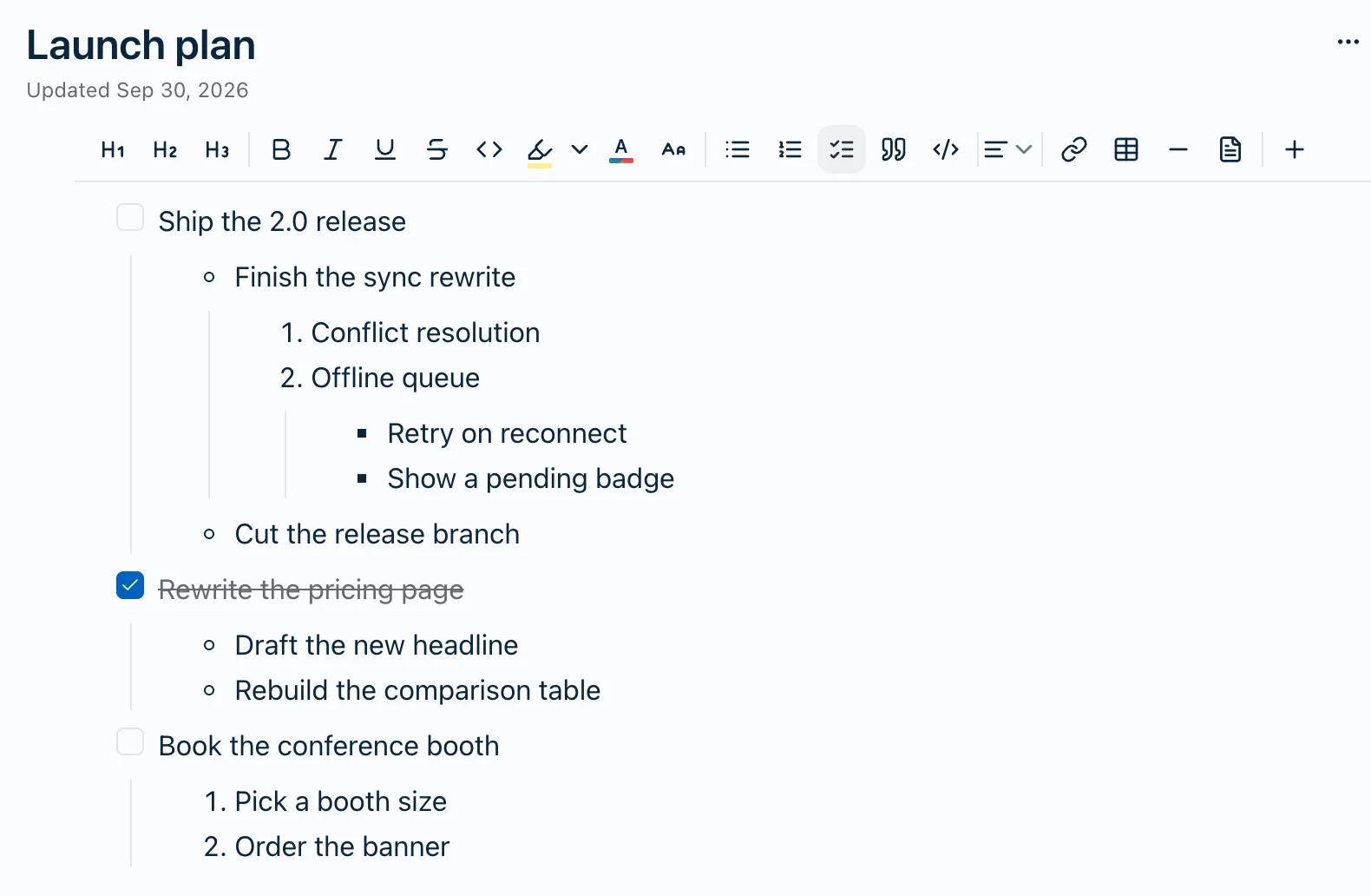 A nested outline in Harbor with list guide lines on — a checklist with bullets, numbered items and a fourth level nested under it, and a faint vertical line running down from each item that has something under it