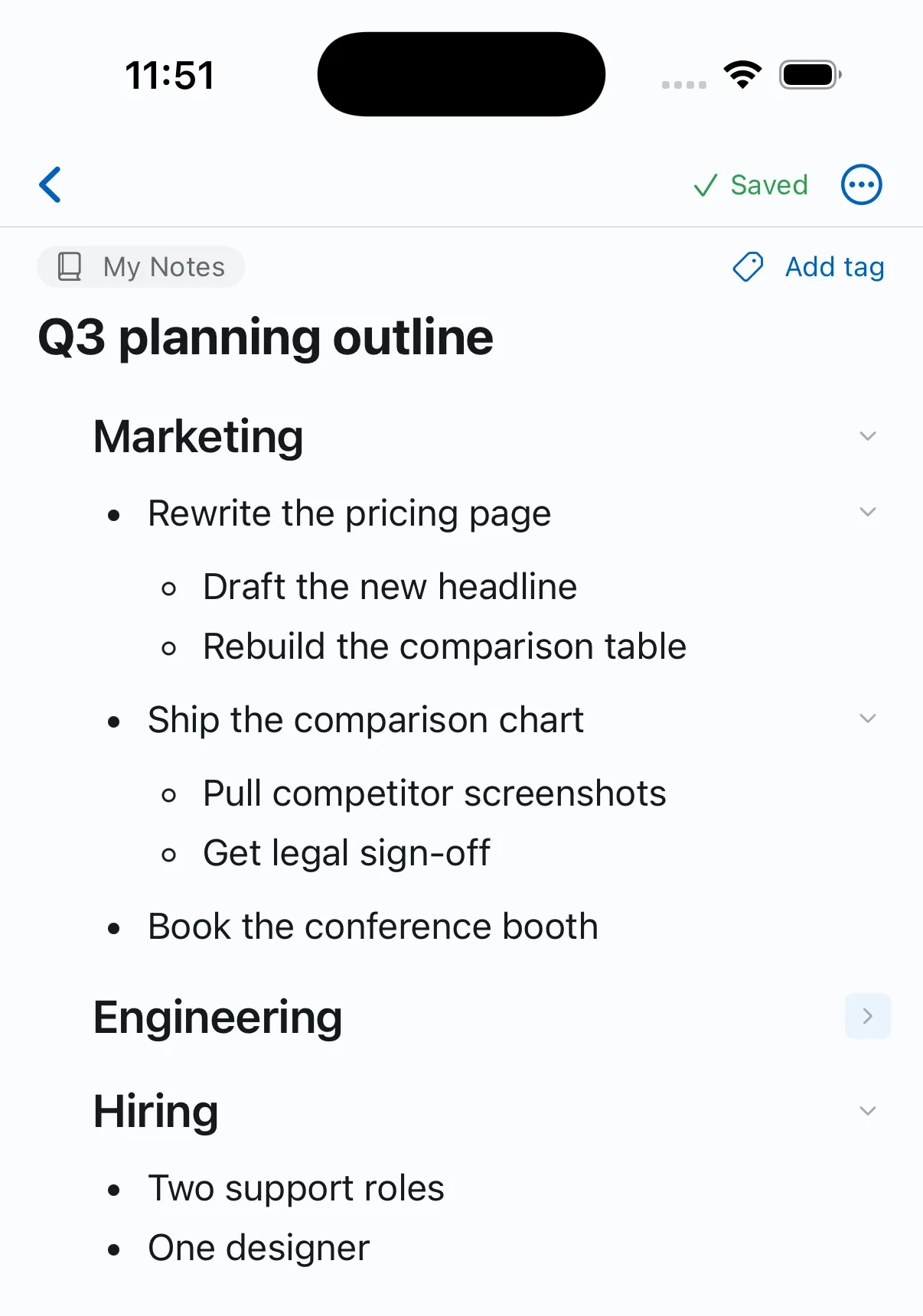 The same outline on iPhone — every foldable row has an arrow down the right-hand margin, and the folded Engineering heading has hidden its section
