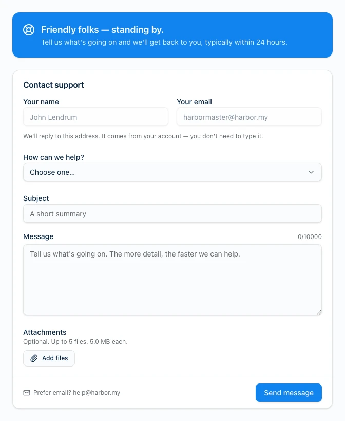 The Contact Support form in the Harbor web app — name and email pre-filled, a category picker, subject and message fields, and file attachments