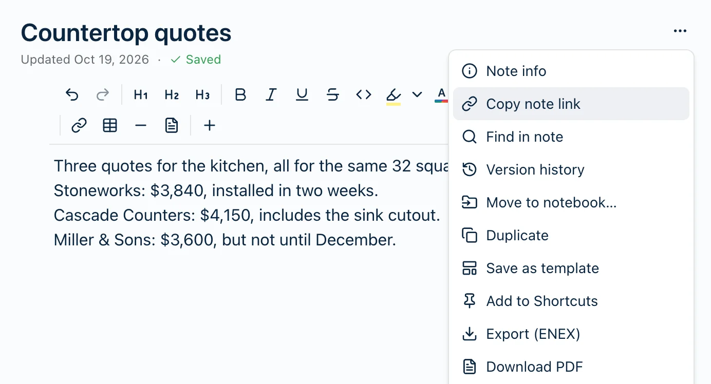 A note called Countertop quotes open in the Harbor web app, with its ⋯ menu open at the top right. The second item, Copy note link, is highlighted. It sits directly under Note info and above Find in note, Version history and Move to notebook.