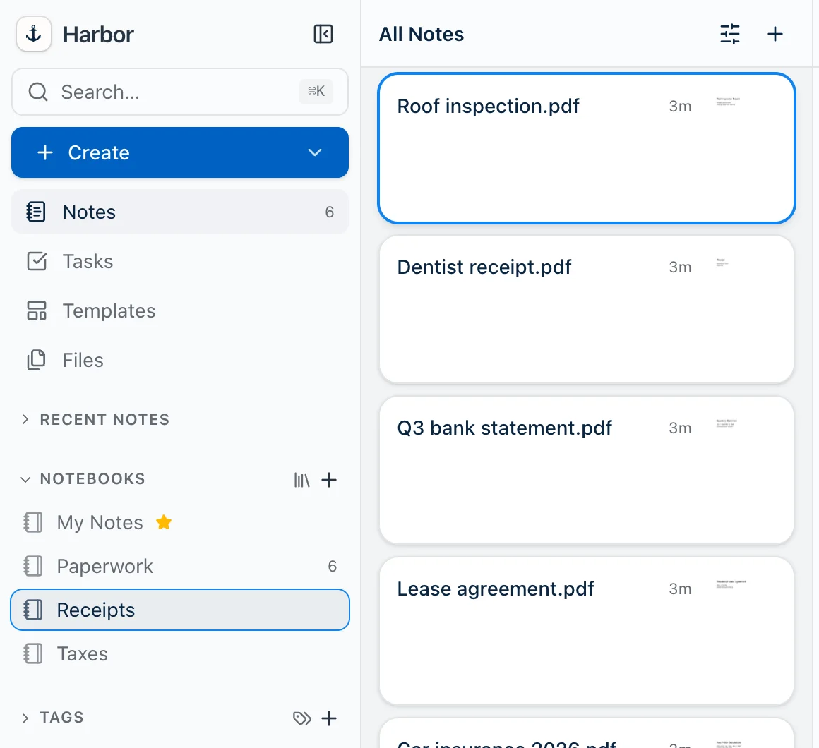 Harbor's sidebar on the web during a file drag. Under Notebooks, the Receipts row has a thin blue outline and a light gray fill, showing it will take the drop. My Notes, Paperwork and Taxes sit above and below it, and the notes list beside the sidebar shows All Notes.