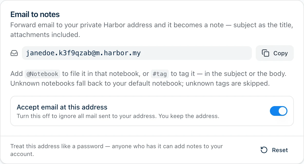 The Email to notes card in Harbor's Settings → Profile screen — the private address with a Copy button, a note about @Notebook and #tag, an on/off switch, and a Reset button