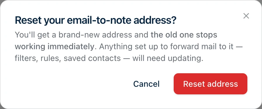 Harbor's reset confirmation dialog: Reset your email-to-note address? — you'll get a brand-new address and the old one stops working immediately