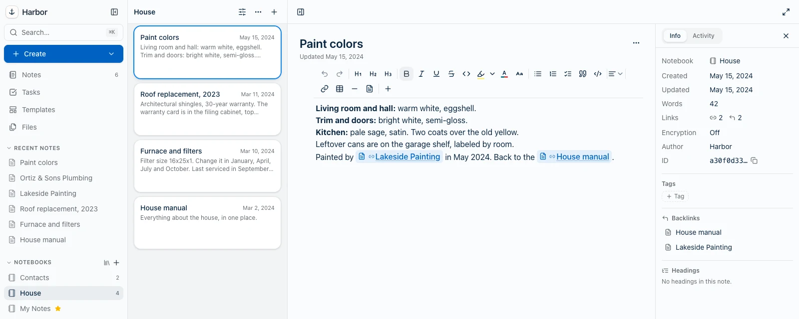 Harbor showing an imported note called Paint colors. Its last line reads 'Painted by Lakeside Painting in May 2024. Back to the House manual.' with both names as blue note links. The Note info panel on the right lists two backlinks, House manual and Lakeside Painting. The sidebar shows the two imported notebooks, Contacts and House.