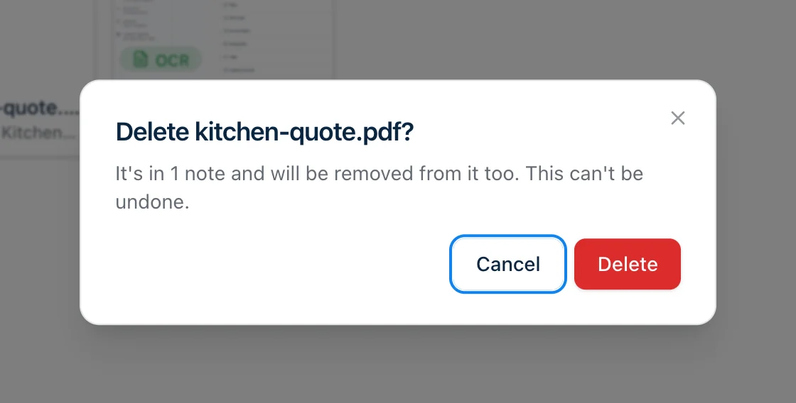 Harbor's delete dialog on the Files screen. The title reads Delete kitchen-quote.pdf?, and below it: It's in 1 note and will be removed from it too. This can't be undone. There's a Cancel button and a red Delete button.