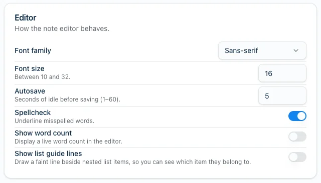 The Editor section of Harbor's Preferences, with Font size set to 16 and the note Between 10 and 32 underneath