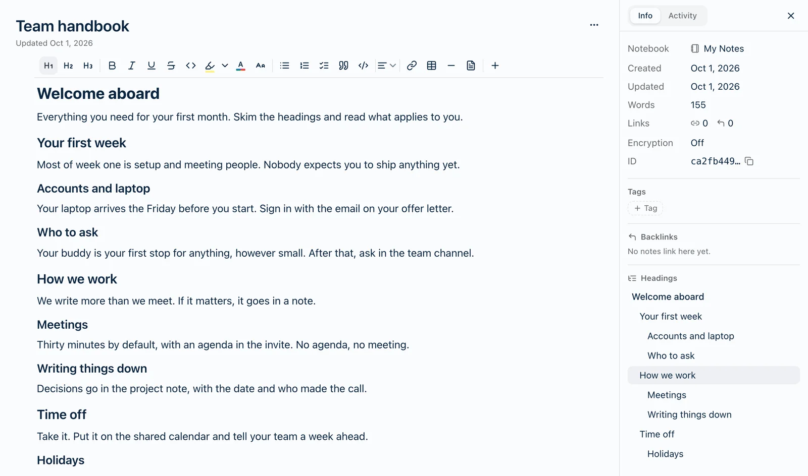 A note called Team handbook in Harbor, with Note info open beside it. At the bottom of the Info tab, under Backlinks, the Headings section lists the note's nine headings, smaller ones indented under bigger ones. The pointer is over How we work.