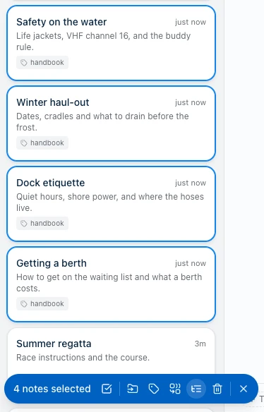 Harbor's note list with four notes selected. A blue bar along the bottom reads '4 notes selected' followed by six round icon buttons; the fifth, an indented-list icon, is highlighted.
