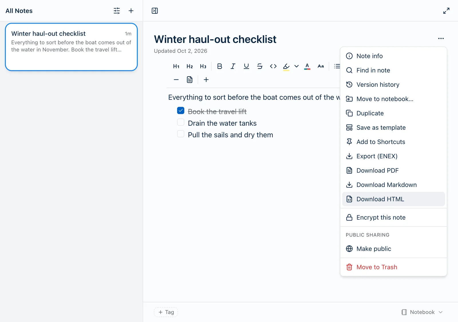 A note called Winter haul-out checklist in Harbor's web app with its ⋯ menu open. Below Add to Shortcuts are four items: Export (ENEX), Download PDF, Download Markdown and Download HTML.