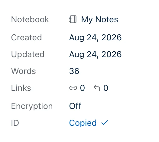 The same Info panel just after clicking the ID row — the row now reads Copied with a checkmark beside it.