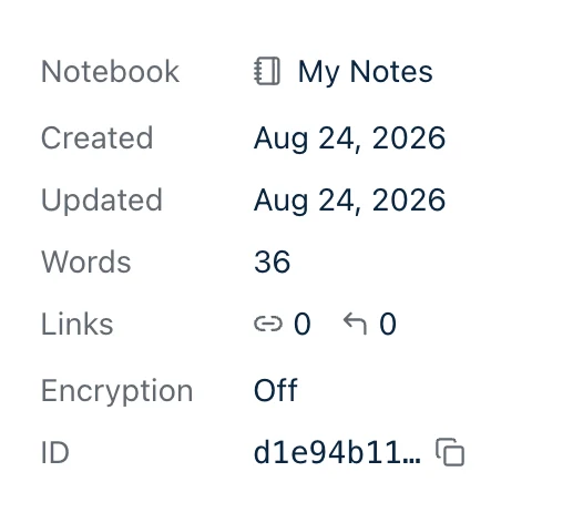 The Info panel in Harbor. Under Notebook, Created, Updated, Words, Links and Encryption, an ID row shows the first eight characters of the note's ID beside a copy icon.
