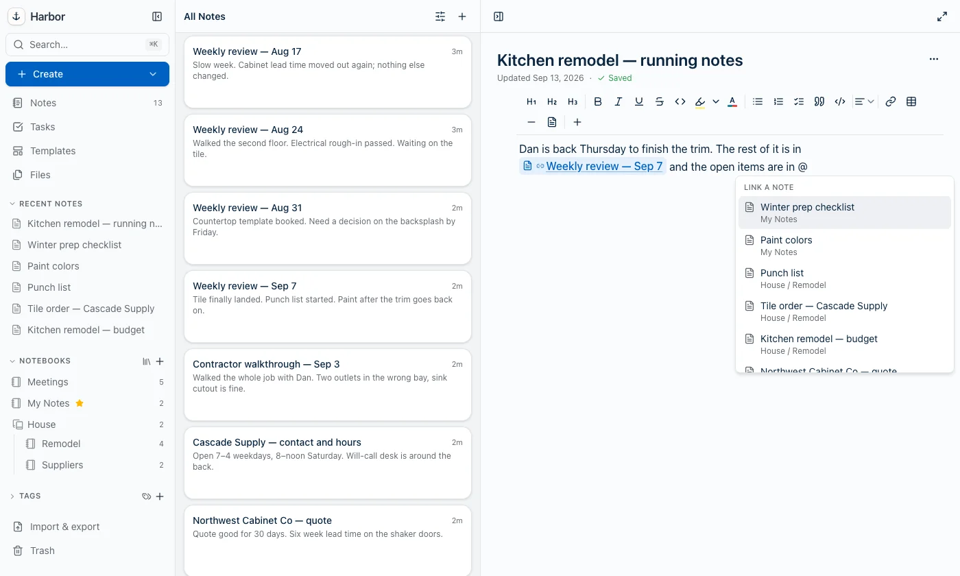 The note now shows a finished link reading 'Weekly review — Sep 7' inline in the sentence, followed by 'and the open items are in @' with the same LINK A NOTE list open below it.