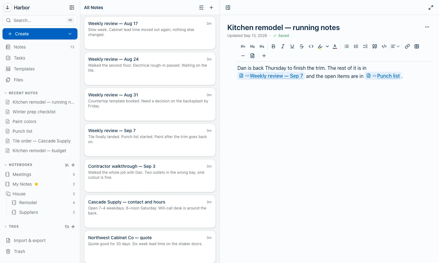 The finished sentence in Harbor reading 'Dan is back Thursday to finish the trim. The rest of it is in Weekly review — Sep 7 and the open items are in Punch list.' with both note titles rendered as blue links.