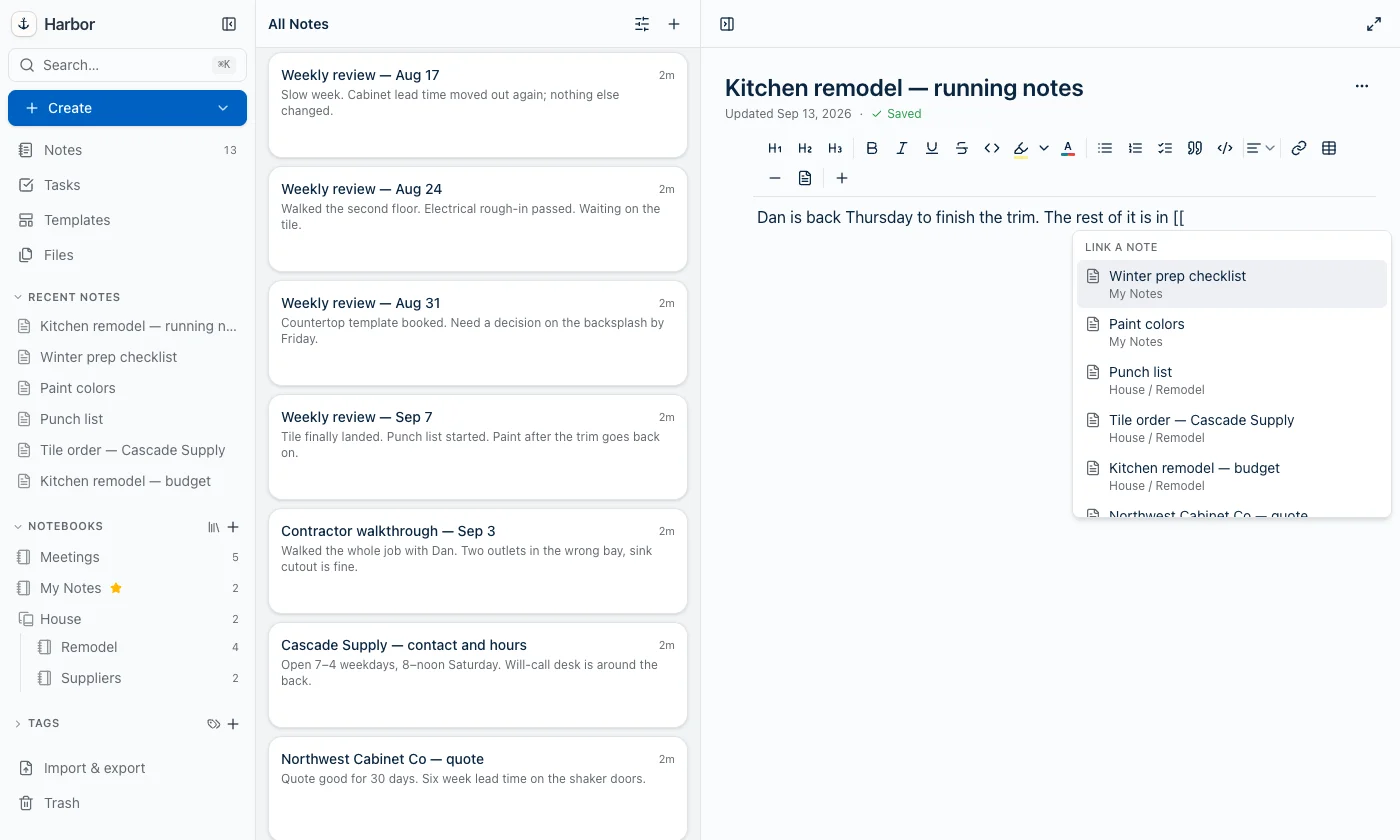 A Harbor note open in the editor. Mid-sentence after the words 'The rest of it is in [[', a dropdown headed LINK A NOTE lists recent notes, each with its stack and notebook underneath in grey.