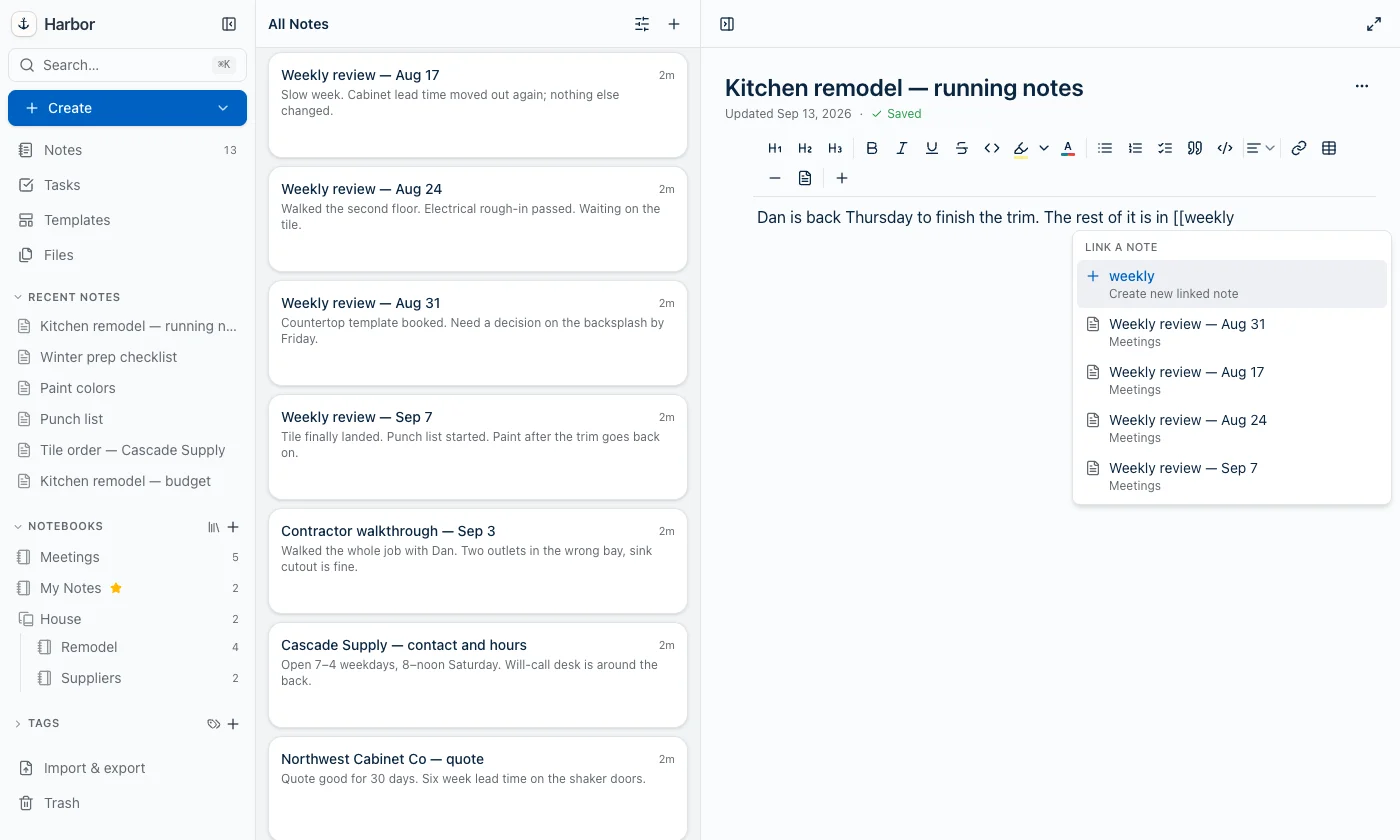 The same note, now reading 'The rest of it is in [[weekly'. The list has narrowed to four Weekly review notes, with a blue Create new linked note row above them.