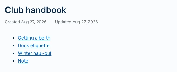 A published Harbor page titled Club handbook. Its bulleted list shows three links carrying real titles — Getting a berth, Dock etiquette, Winter haul-out — and a fourth reading only the word Note.
