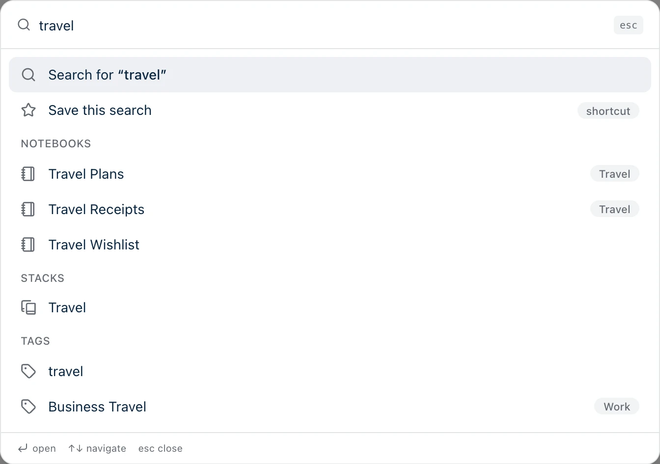 Harbor's quick search with Notebooks, Stacks and Tags sections listed above the note results