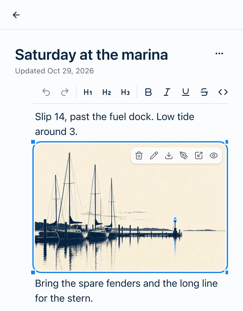 The same note in Harbor's web app, in a phone's browser. The picture is selected, with the blue outline, a square on each corner and its toolbar in the top-right corner. It's shrunk to fit the narrow screen.