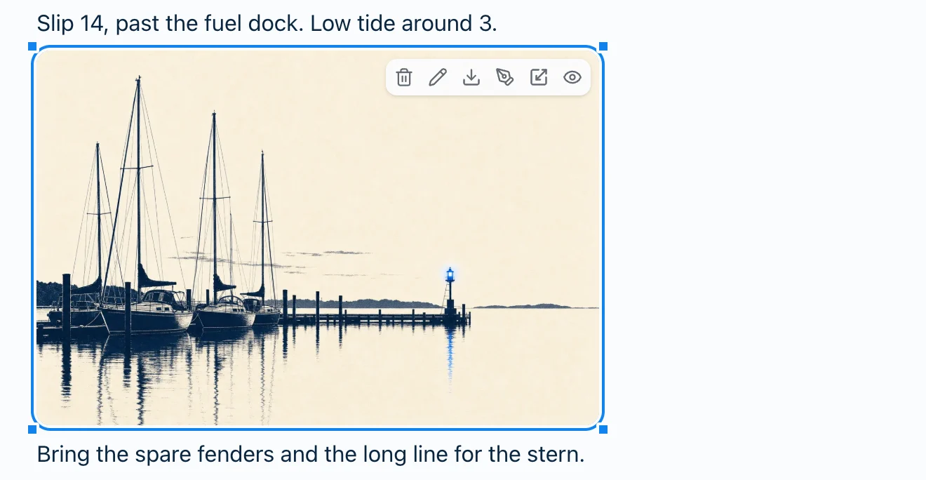 A note in Harbor on the web with a picture of sailboats at a dock, shrunk to about two-thirds of the note's width. The picture is selected: a blue outline runs around it with a small blue square on each corner, and its toolbar sits in its top-right corner.