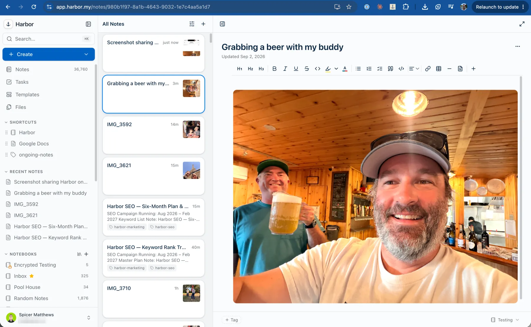 The Harbor web app showing the shared photo as a note titled Grabbing a beer with my buddy, listed in All Notes alongside other recent notes.