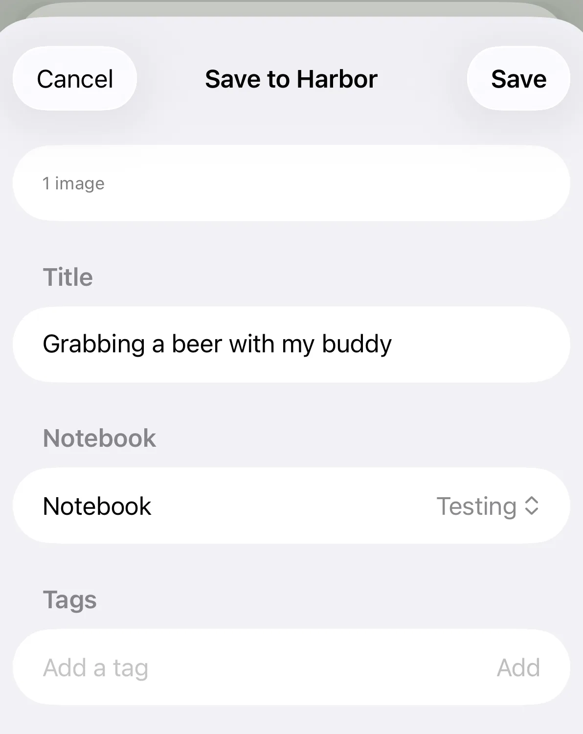 The Save to Harbor sheet: a count of what you're saving, a Title field reading Grabbing a beer with my buddy, a Notebook row set to Testing, and a Tags field.