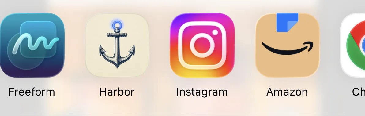 The iOS share sheet app row, showing Harbor's anchor icon between Freeform and Instagram.