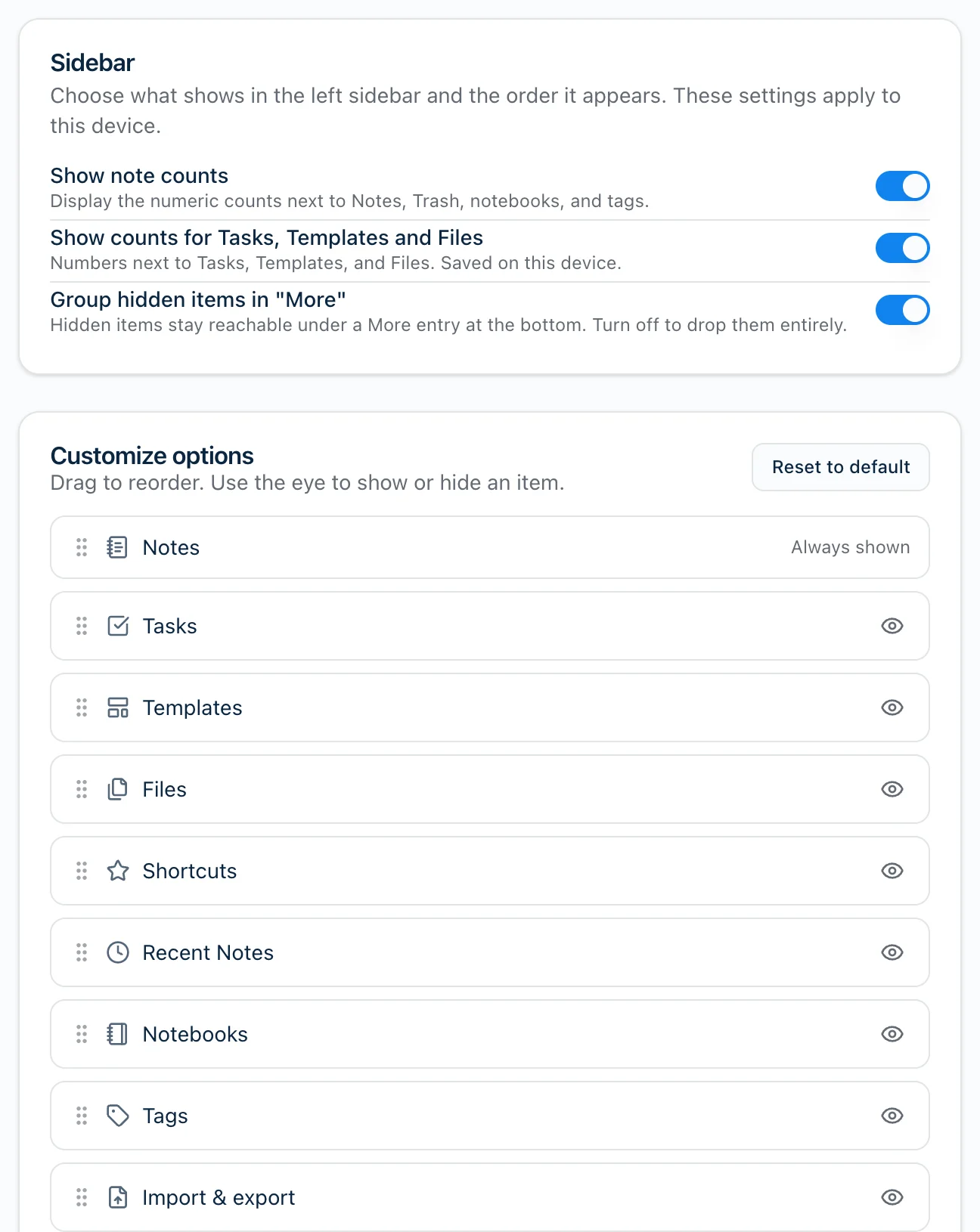 Harbor's Settings → Sidebar page on the web. A Sidebar card has three switches: Show note counts, Show counts for Tasks, Templates and Files, and Group hidden items in More. Below it, a Customize options card lists Notes, Tasks, Templates, Files, Shortcuts, Recent Notes, Notebooks, Tags and Import & export, each with a grip handle and an eye button, and a Reset to default button at the top right.